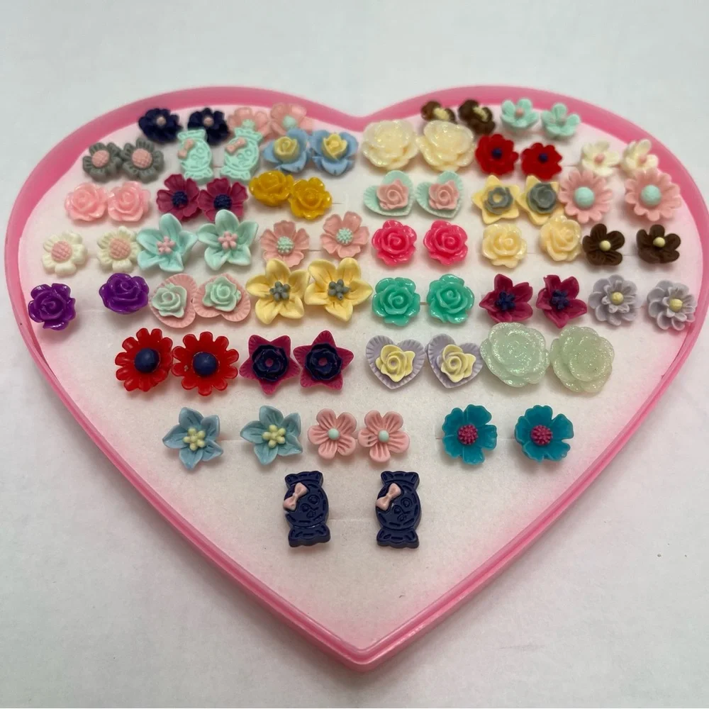 Kids Valentines Flowers Earrings Set Plastic Stud, Gift Boxed (36 Pairs) - Picture 3 of 6